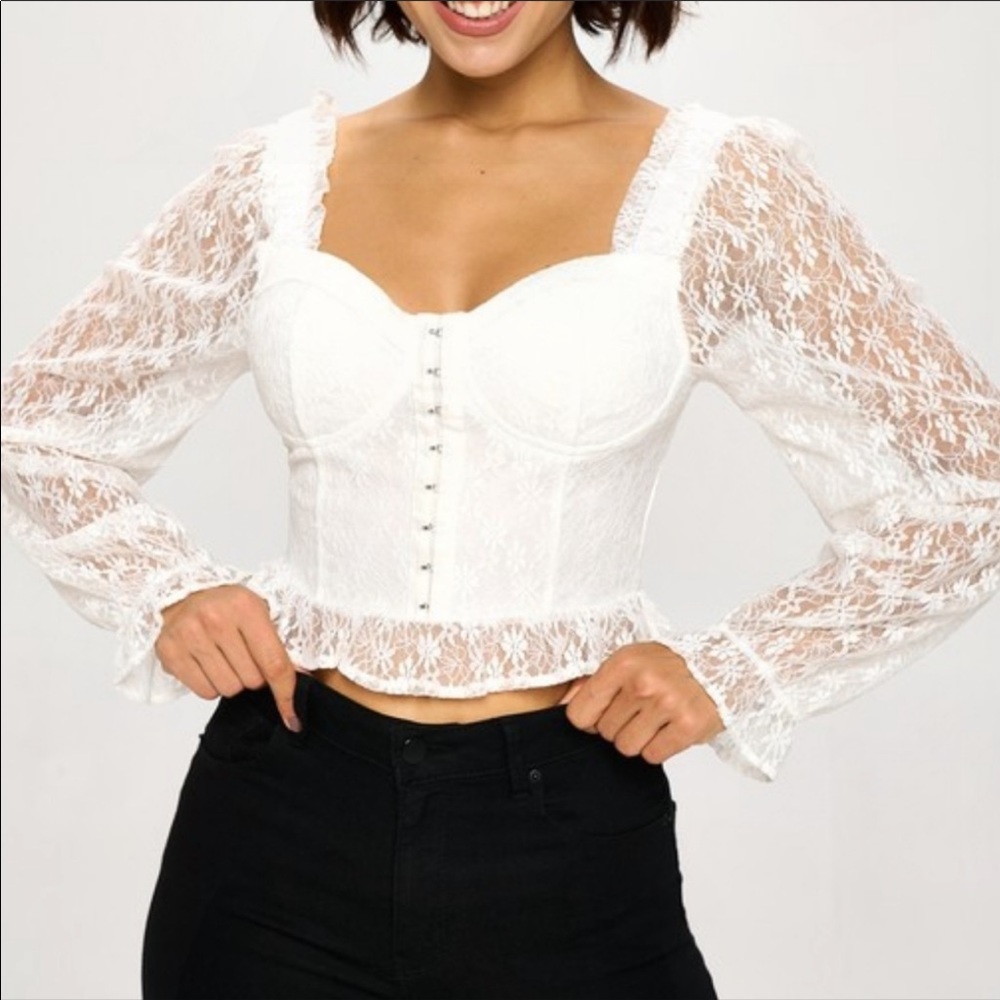Last 2 | White Lace Corset Flounce Sleeve Cropped Blouse